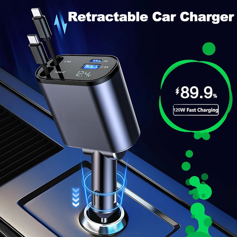 Muvit 60W 4-in-1 Retractable Car Charger with USB-C & Lightning Cable