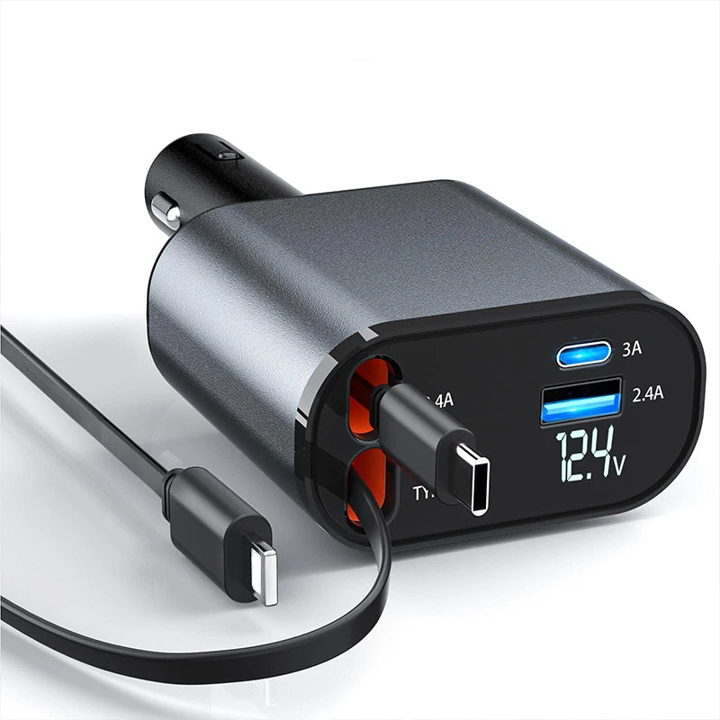 Muvit 60W 4-in-1 Retractable Car Charger with USB-C & Lightning Cable