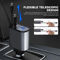 Muvit 60W 4-in-1 Retractable Car Charger with USB-C & Lightning Cable