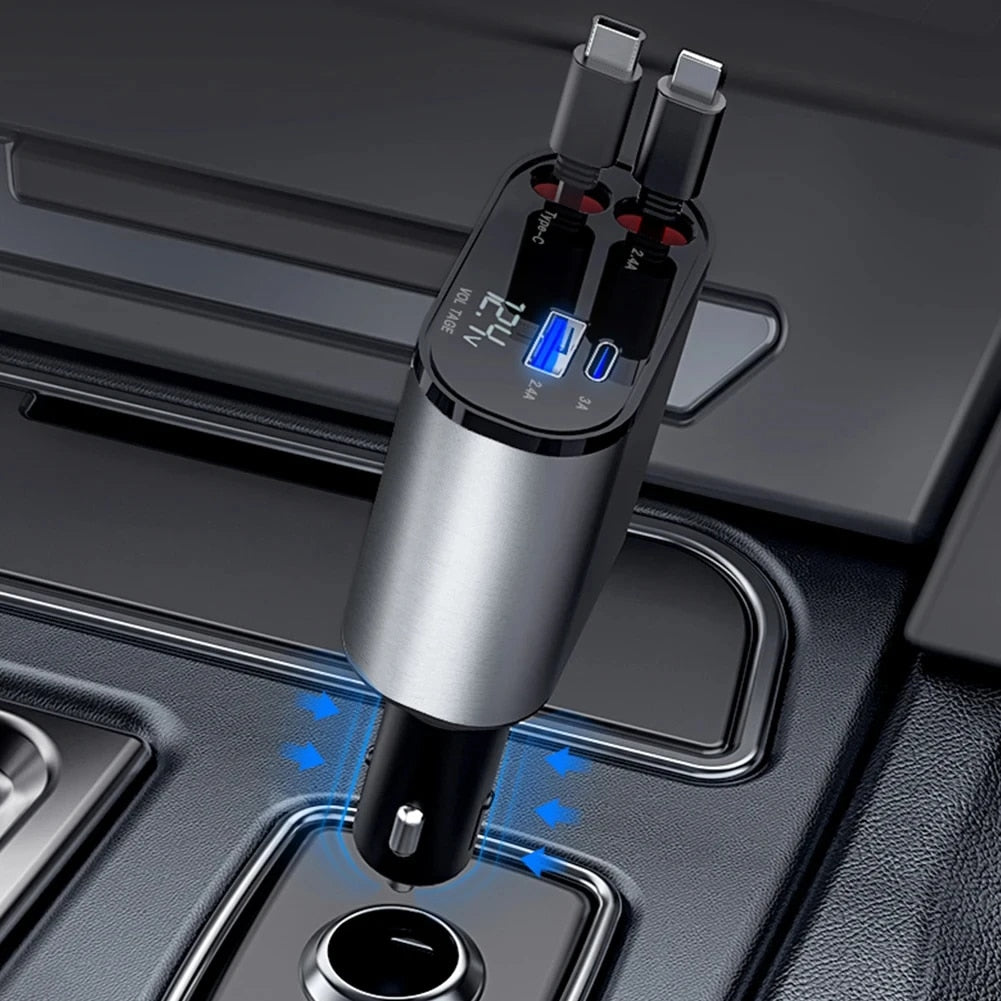 Muvit 60W 4-in-1 Retractable Car Charger with USB-C & Lightning Cable
