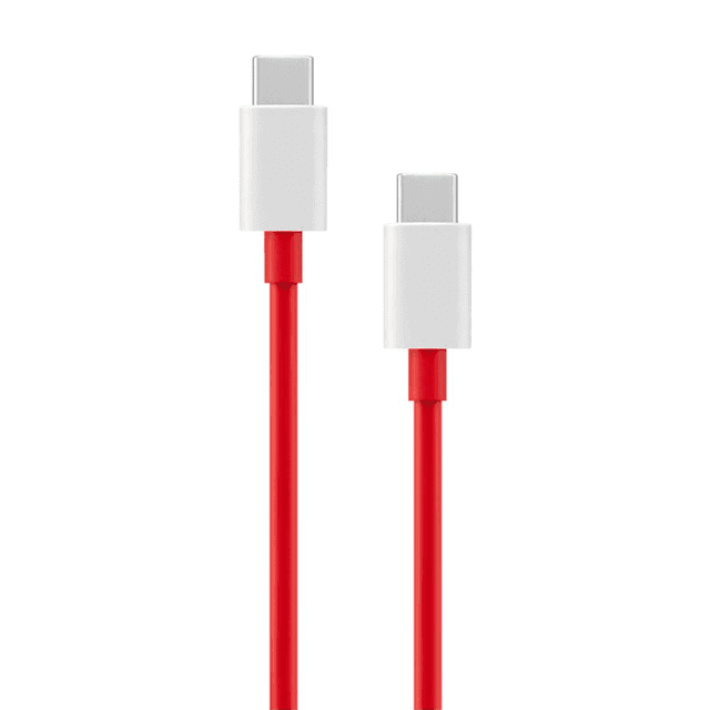 Muvit Type C to Type C fast charging cable for OnePlus, designed with a red cable and white connectors for reliable power and data transmission.
