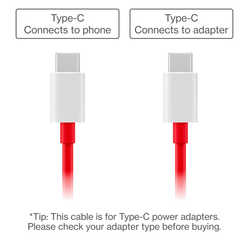 Muvit Type C to Type C fast charging cable for OnePlus, labeled for adapter and phone connections, ensuring compatibility with Type-C power adapters.