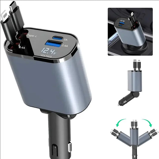 A versatile car charger with dual USB and Type-C ports, LED voltage display, built-in cables, and a 180° adjustable head for flexible charging in any vehicle.
