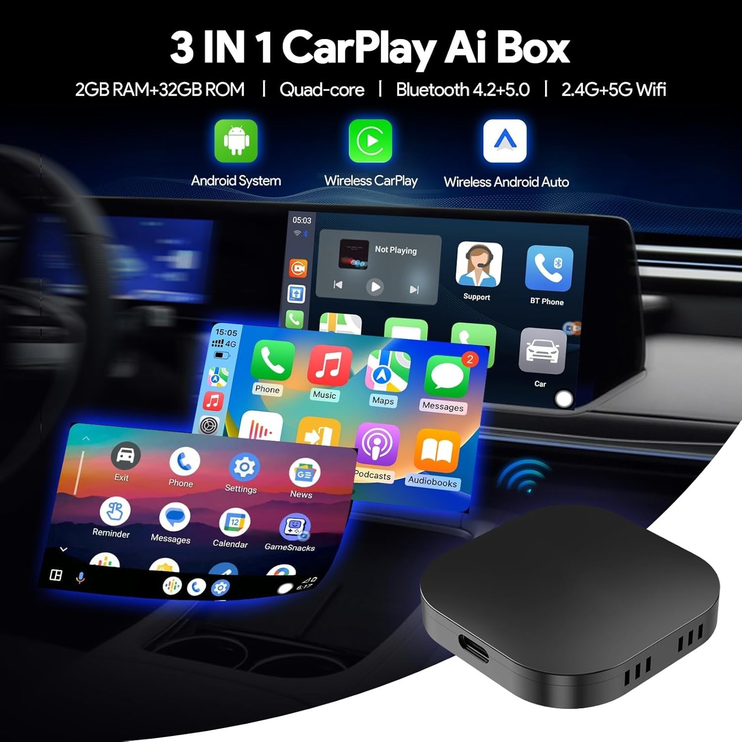 Muvit CarPlay & Android Auto Adapter | Smart AI Box for Seamless Wireless Connect, All OTT Streaming, Voice, Navigation & Music | Plug & Play Dongle Ultimate Wireless Drive Experience