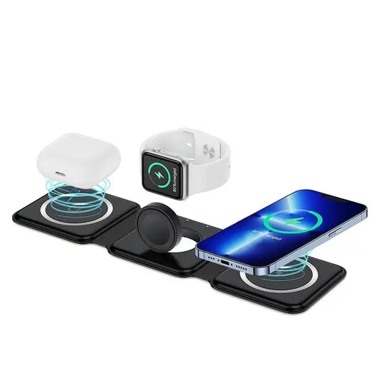 Muvit 3-in-1 Foldable Magnetic Wireless Charger for iPhone, Watch, and AirPods, showcasing sleek black design charging all three devices simultaneously.