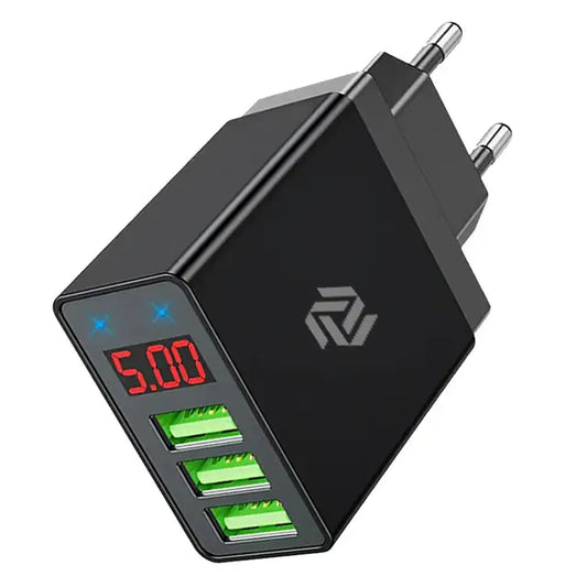 Muvit 36W 3 port USB quick charger adapter front view with LED display