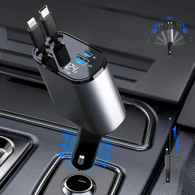 A smart car charger with dual USB and Type-C ports, built-in cables, LED voltage display, and a 180° adjustable design for flexible charging in any vehicle.