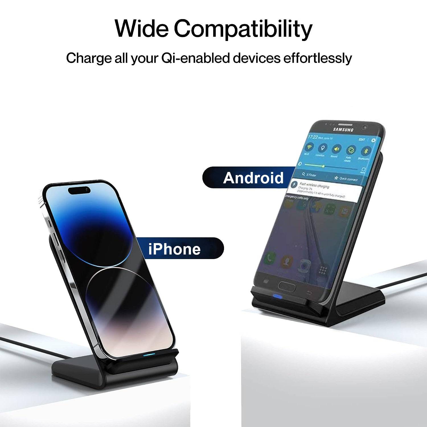 Muvit 15W Qi Wireless Charging Stand showcasing compatibility with iPhone and Android devices. Features sleek design and fast charging.