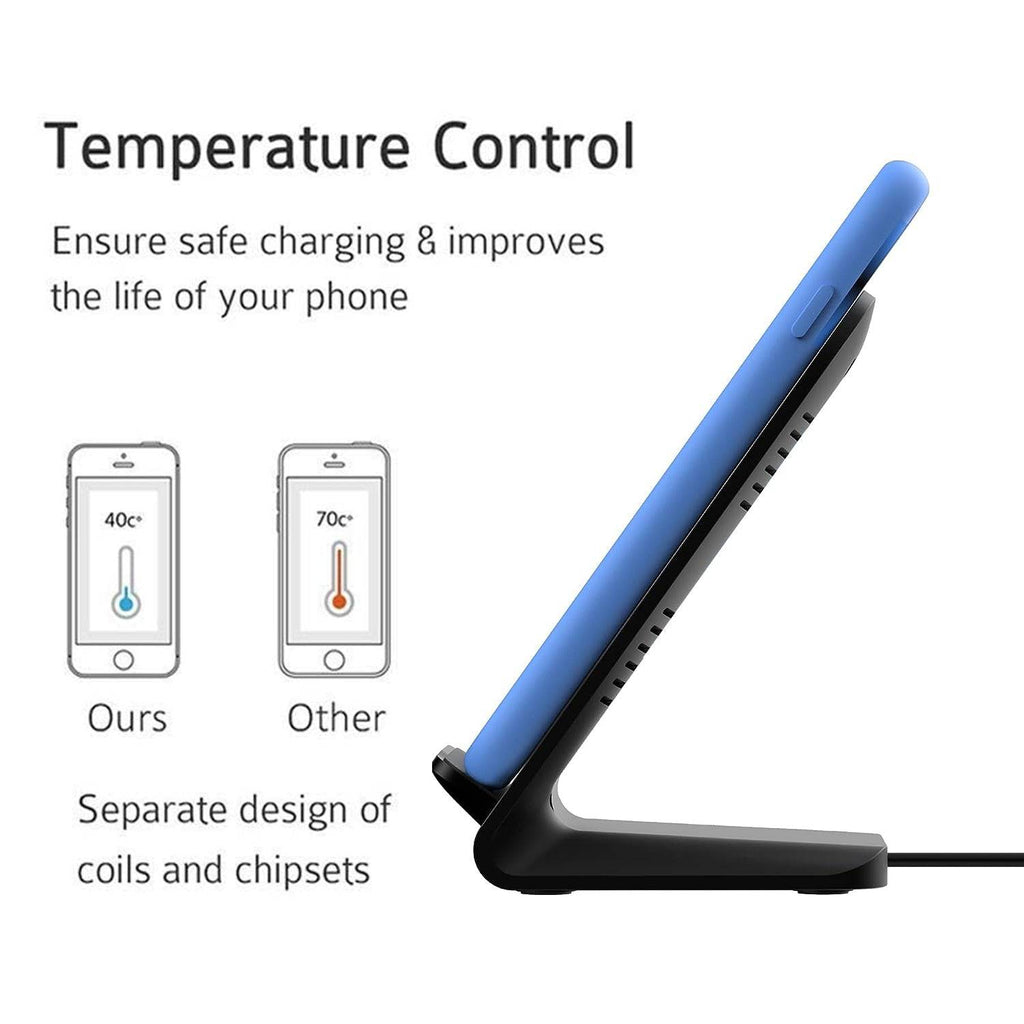 Muvit 15W Qi Wireless Charging Stand with temperature control feature, shown with a phone in portrait mode. Ensures safe charging for iPhone and Android.