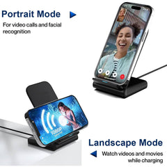 Muvit 15W Qi Wireless Charging Stand showcasing portrait mode for video calls and landscape mode for watching videos while charging iPhone.