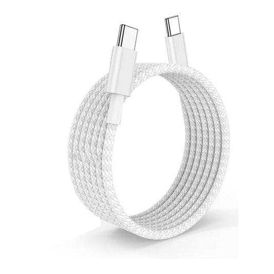White Muvit Type C to Type C data cable featuring a sleek braided texture for fast charging and data transfer.