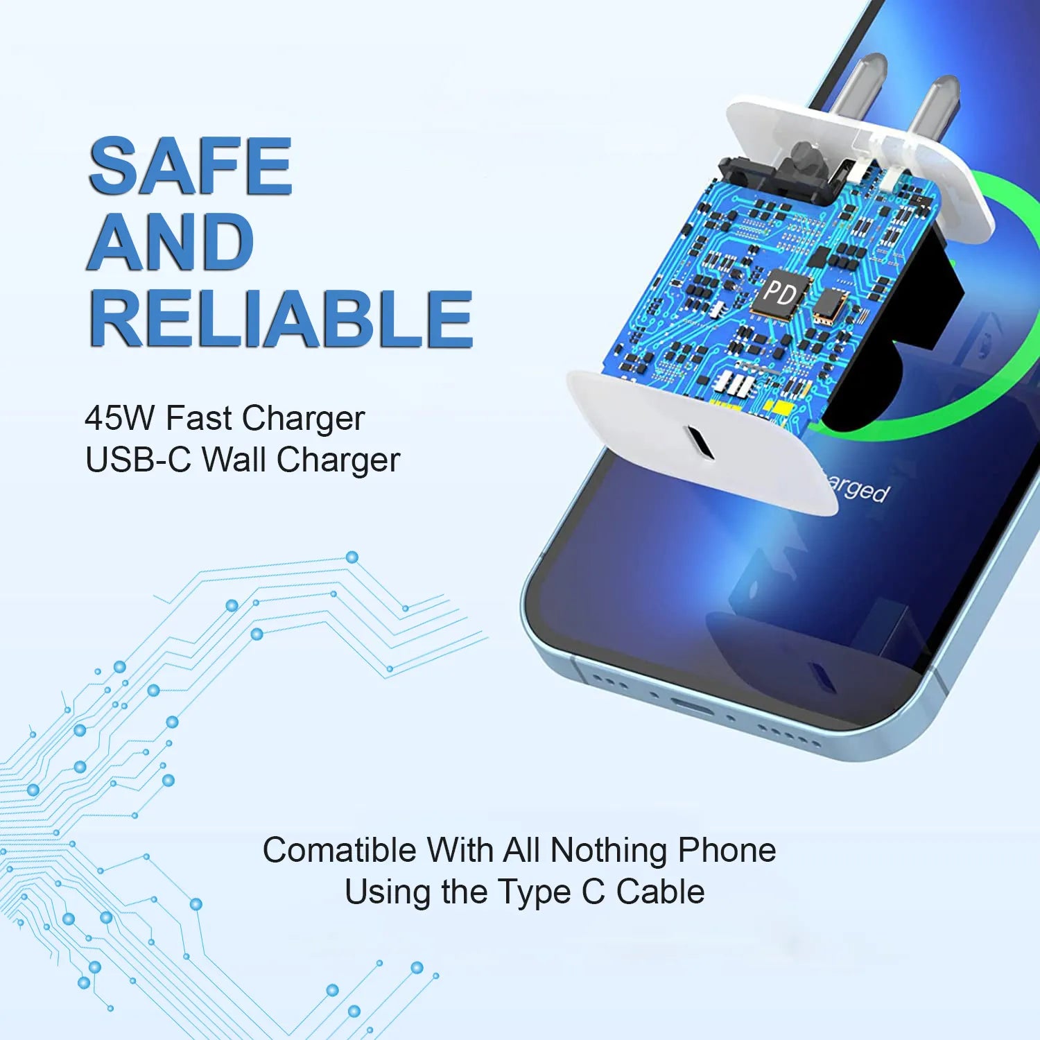 Muvit 45W USB Type-C Fast Charger Adapter with Type-C Cable Compatible with Nothing Phone  | Fast Charging Wall Charger – White
