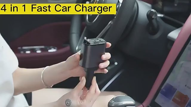 Muvit 120W 4-in-1 Retractable Fast Car Charger | Dual Built-in Cables (Type-C & Lightning) + USB & PD Ports
