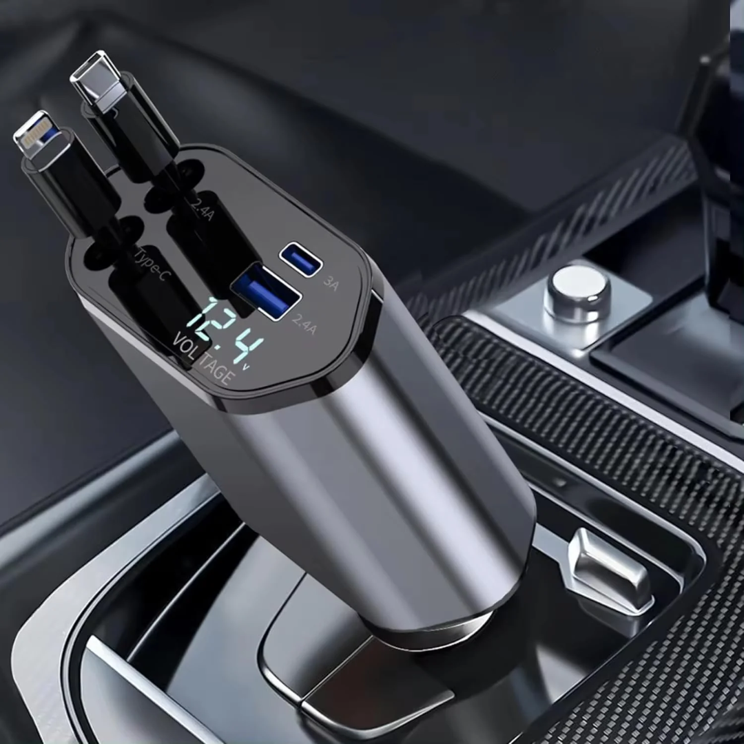 Muvit 120W 4-in-1 Retractable Fast Car Charger | Dual Built-in Cables (Type-C & Lightning) + USB & PD Ports