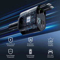Muvit 120W 4-in-1 Retractable Fast Car Charger | Dual Built-in Cables (Type-C & Lightning) + USB & PD Ports