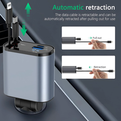 Muvit 120W 4-in-1 Retractable Fast Car Charger | Dual Built-in Cables (Type-C & Lightning) + USB & PD Ports