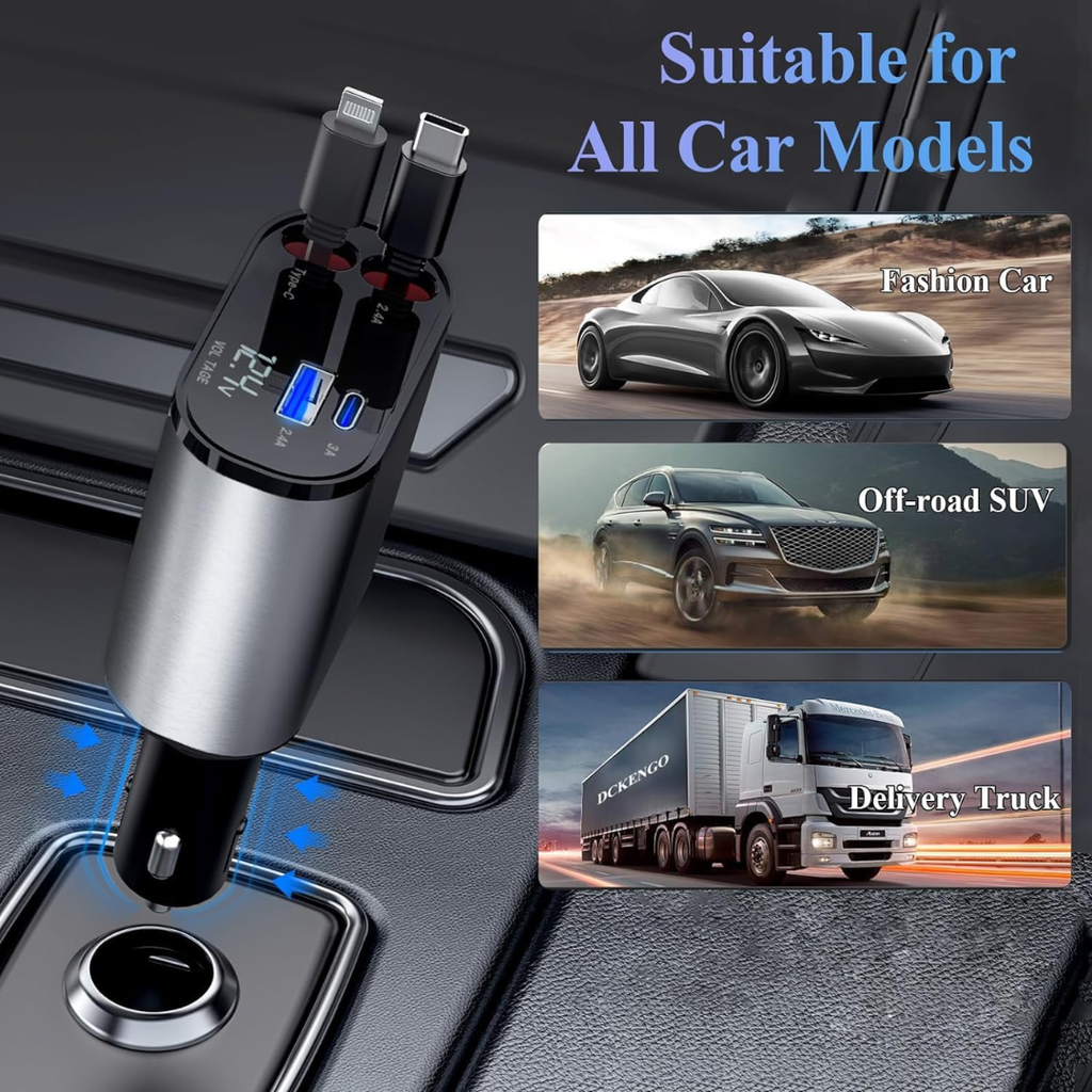 Muvit 120W 4-in-1 Retractable Fast Car Charger | Dual Built-in Cables (Type-C & Lightning) + USB & PD Ports