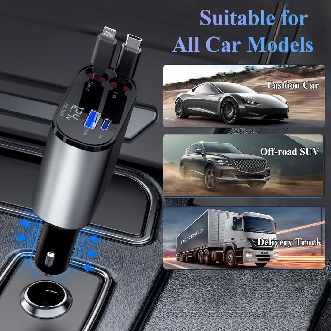 Muvit 120W 4-in-1 Retractable Fast Car Charger | Dual Built-in Cables (Type-C & Lightning) + USB & PD Ports