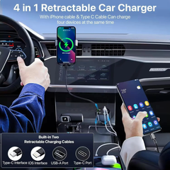 Muvit 120W 4-in-1 Retractable Fast Car Charger | Dual Built-in Cables (Type-C & Lightning) + USB & PD Ports