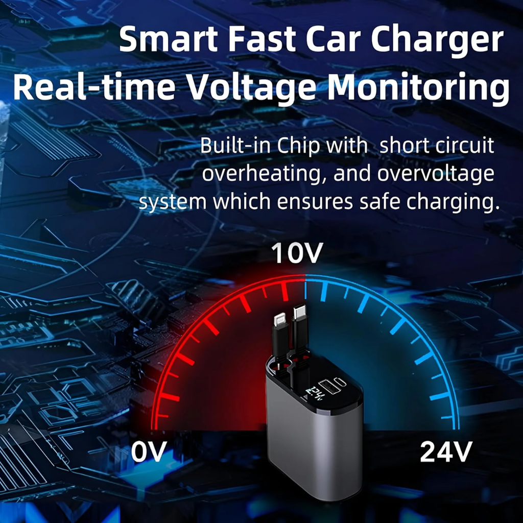 Muvit 120W 4-in-1 Retractable Fast Car Charger | Dual Built-in Cables (Type-C & Lightning) + USB & PD Ports