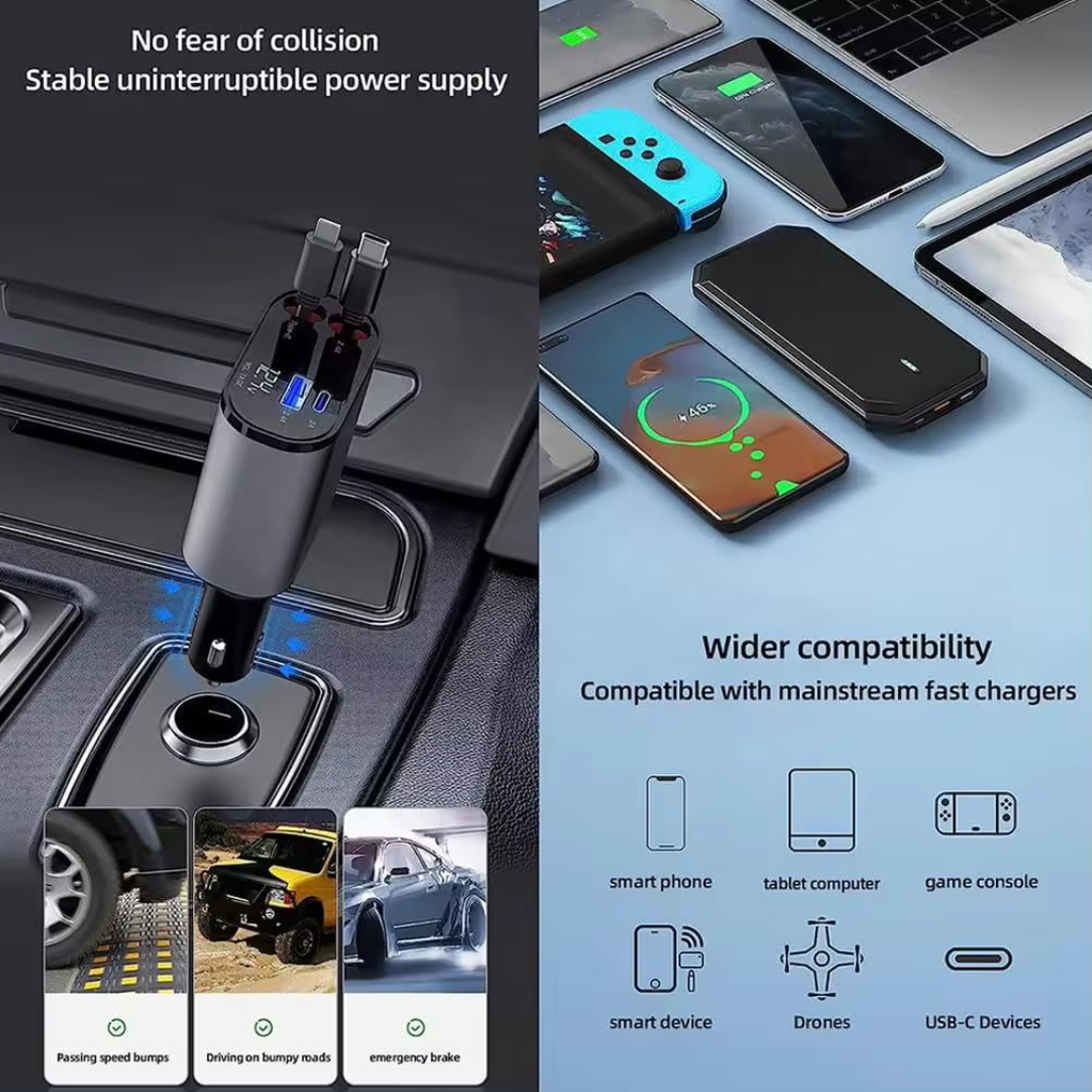 Muvit 120W 4-in-1 Retractable Fast Car Charger | Dual Built-in Cables (Type-C & Lightning) + USB & PD Ports