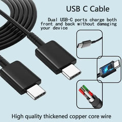 This image showcases a high-quality USB-C cable with dual Type-C ports, thickened copper core wire, and safe, reversible charging without device damage, ensuring efficient power transfer.