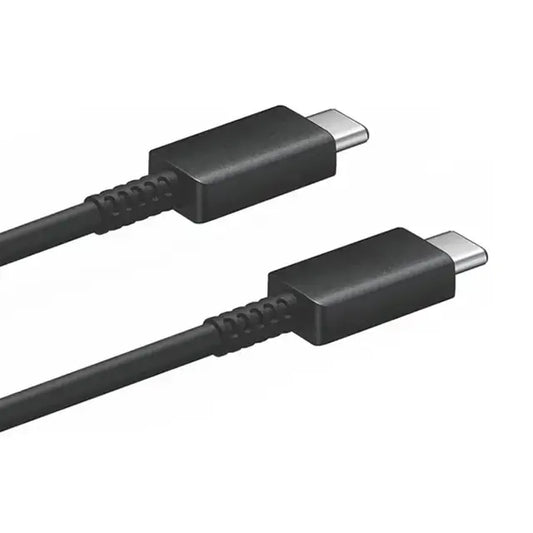This image features a close-up view of a black Type-C to Type-C charging cable. The connectors are durable with reinforced ends, ensuring efficient fast charging and high-speed data transfer for compatible devices.