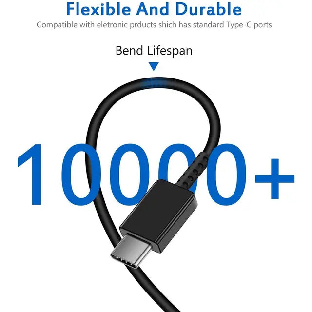 This image highlights a black Type-C to Type-C cable, emphasizing its flexibility and durability. It features a bend lifespan of over 10,000 bends, ensuring long-lasting performance for fast charging and data transfer.
