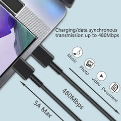 This image features a Type-C to Type-C cable supporting 480 Mbps data transfer and 5A max charging. It enables simultaneous transmission of music, photos, videos, and documents efficiently.
