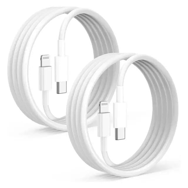Set of two Muvit Type C to Lightning data cables for Apple devices, offering reliable performance with a durable white finish and fast charging capability.