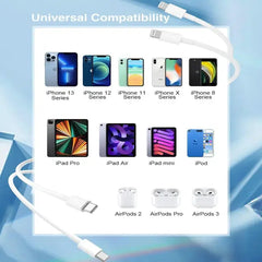 Muvit Type C to Lightning cable with universal compatibility, supporting iPhone, iPad, and AirPods models for versatile charging and data transfer.