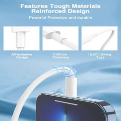 Muvit Type C to Lightning cable with reinforced design, showcasing durability with 15,000 swing test, 0.88mm thickness, and protective all-inclusive build.