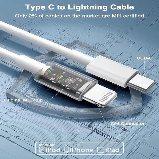 Close-up of Muvit Type C to Lightning cable with MFi-certified chip and C94 connector, ensuring compatibility and efficient charging for Apple devices.