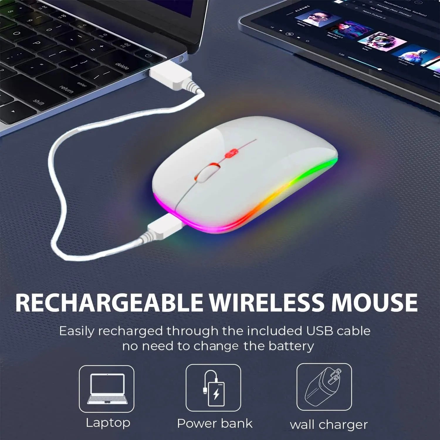 Muvit RGB Ultra Slim Wireless Rechargeable Mouse (White Color)